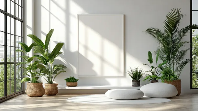 Potted plants and a blank frame sit on a white table inside a bright Scandinavian interior with window light.