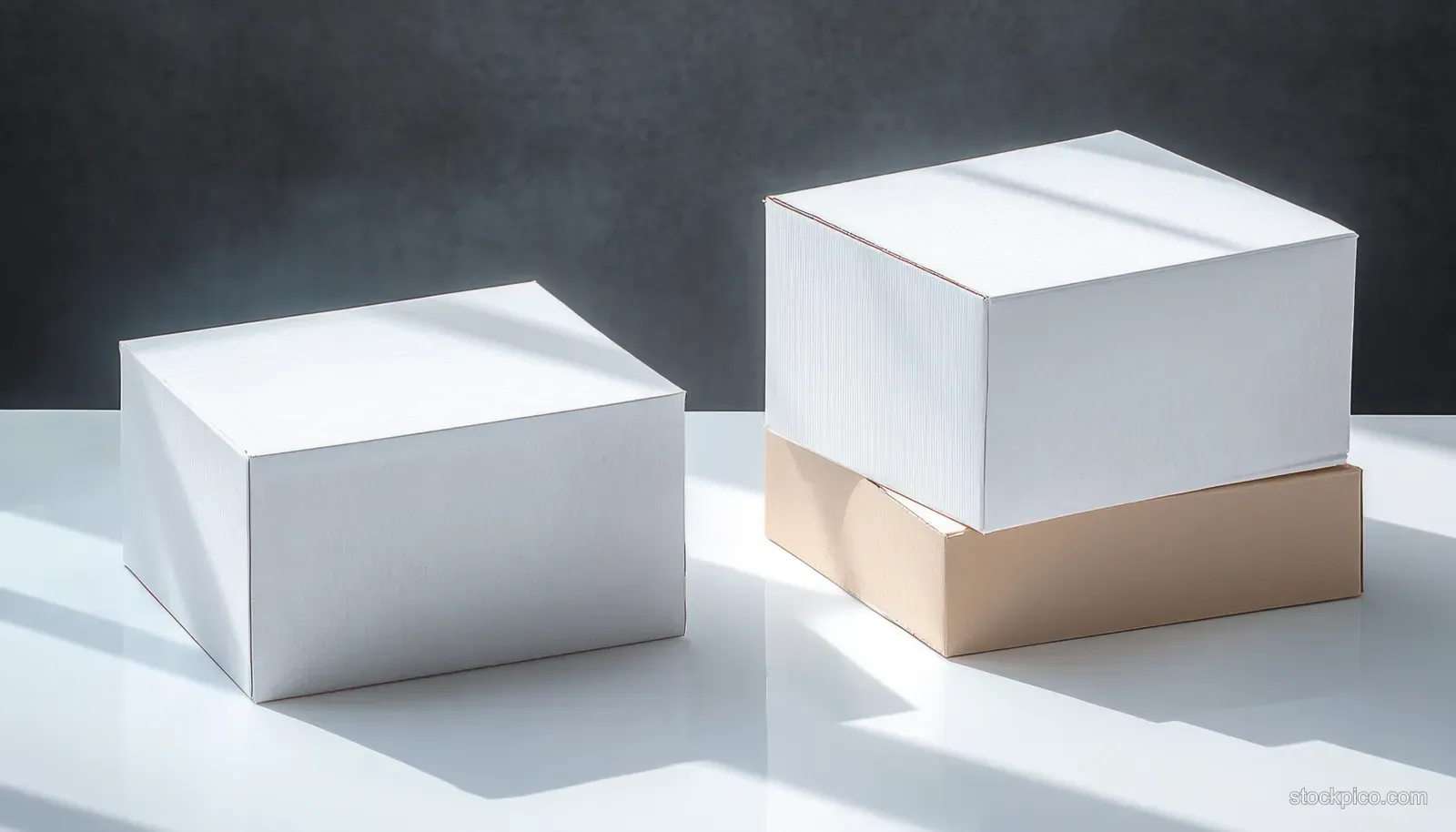 Two closed white rectangular boxes rest on a reflective surface with soft daylight shadows on a dark textured background.
