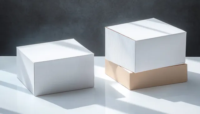 Two closed white rectangular boxes rest on a reflective surface with soft daylight shadows on a dark textured background.