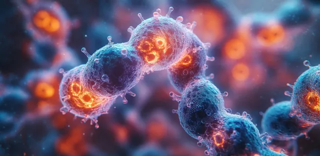 3D chromosome strand with glowing telomeres in a blue scientific background