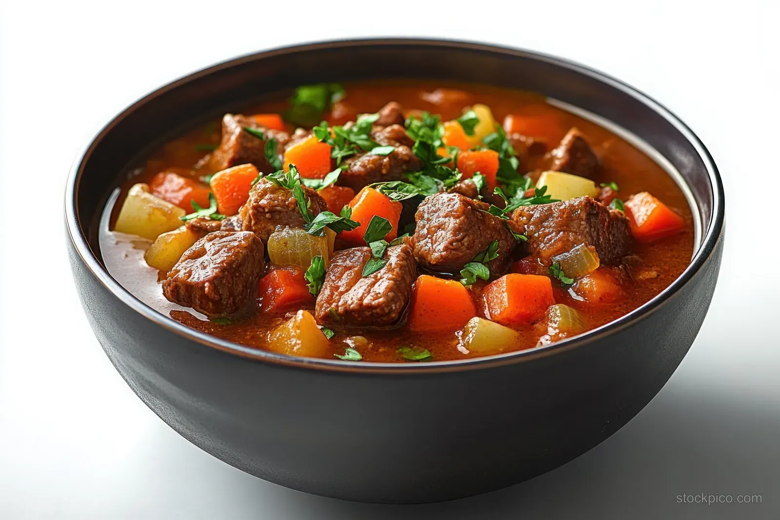 A bowl of beef stew with vegetables and chopped herbs on a clean white background.