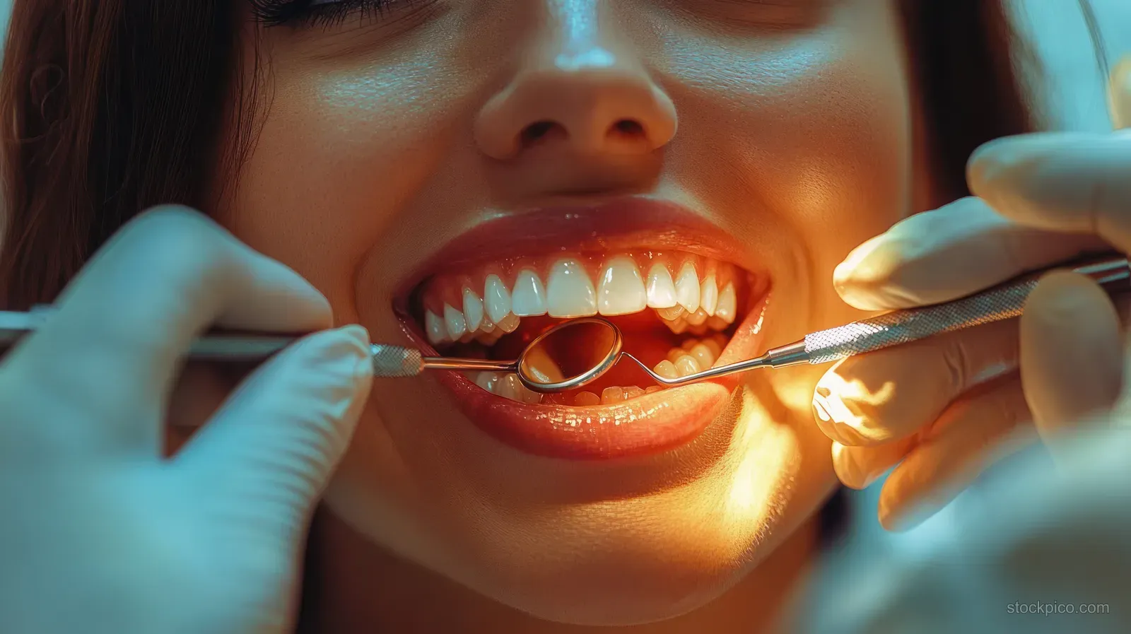 Smiling woman receiving a dental check-up with a dentist’s gloved hands using mirror and probe in bright clinic lighting.