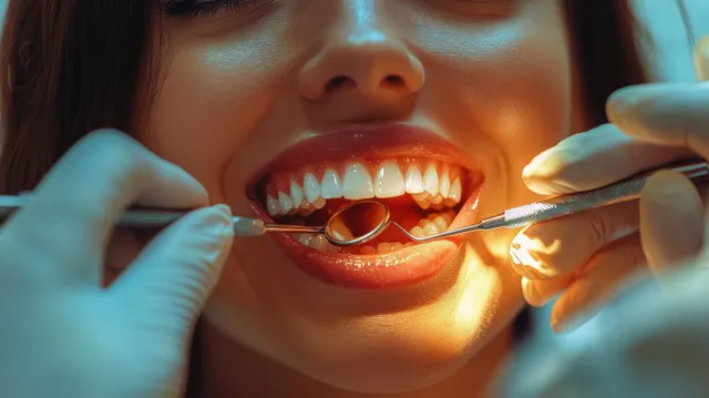 Smiling woman receiving a dental check-up with a dentist’s gloved hands using mirror and probe in bright clinic lighting.