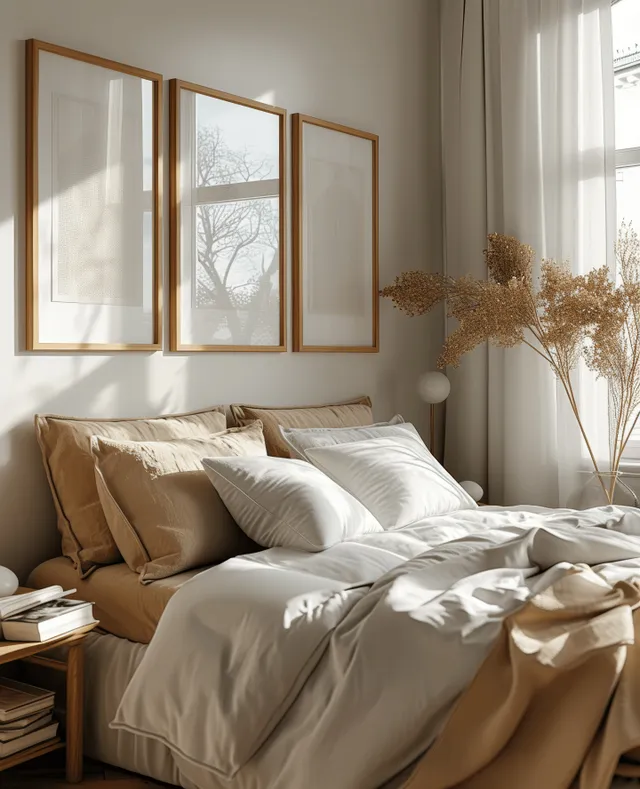 Three vertical wooden picture frames hang above a made bed with pillows, bedding, and sunlit curtains in a bedroom.