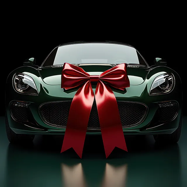Front view of a dark green sports car with a large red glossy bow on the hood against a black background.