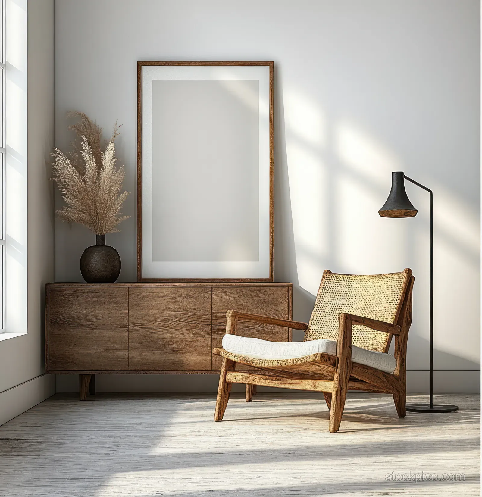 Wooden armchair and floor lamp stand in a bright minimalist Scandinavian room beside a framed wall artwork.