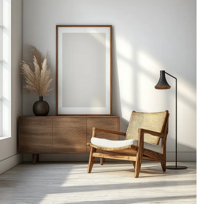 Wooden armchair and floor lamp stand in a bright minimalist Scandinavian room beside a framed wall artwork.
