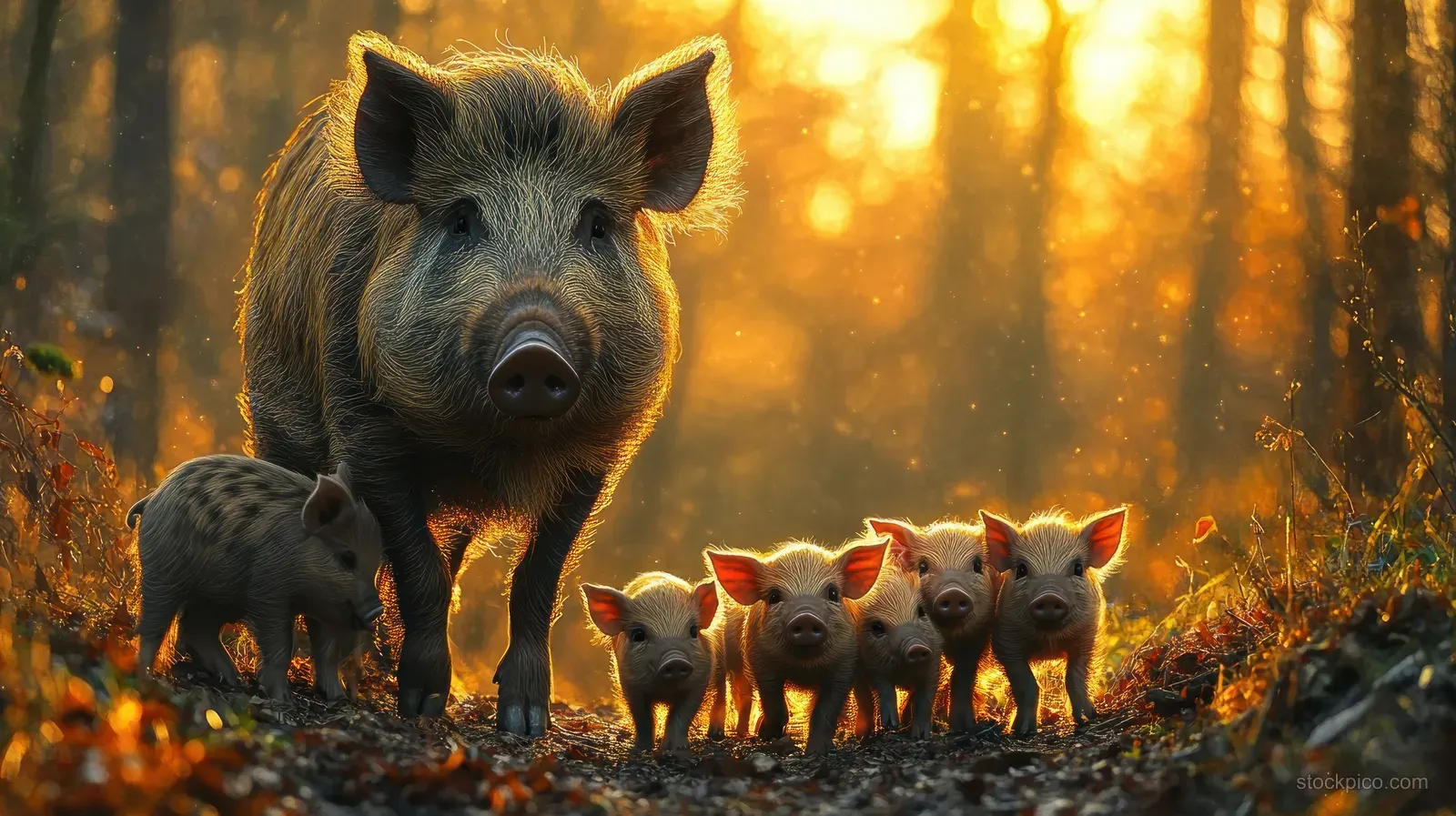 Wild boar mother with her piglets in a golden-hour forest, looking toward the camera among leaves.