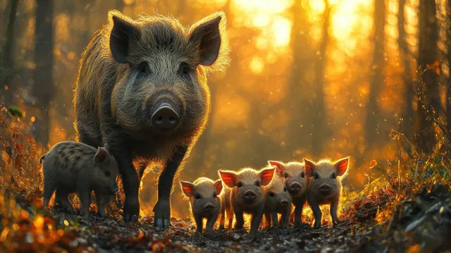 Wild boar mother leading piglets through forest leaves, golden-hour light and soft focus