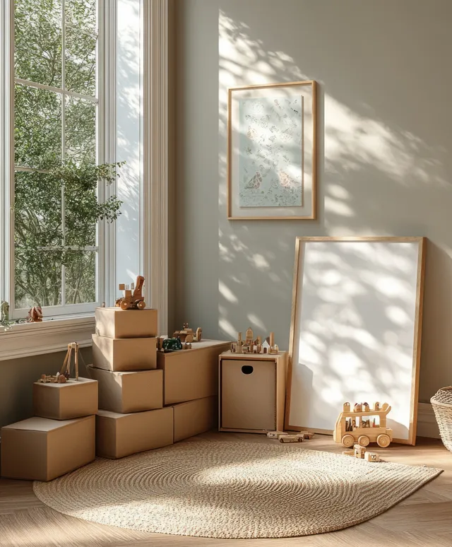 Children’s play corner with wooden toys, stacked cardboard boxes, and soft sunlight and tree shadows from a window.