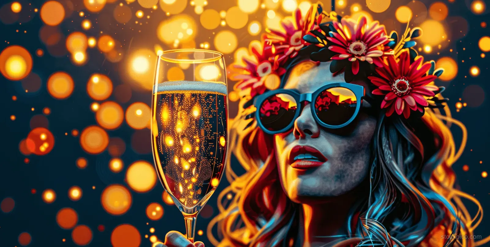 A person toasting with a champagne flute at a New Year party with golden bokeh lights behind