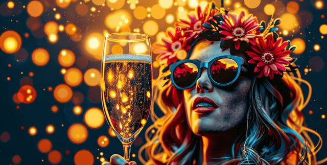 A person toasting with a champagne flute at a New Year party with golden bokeh lights behind