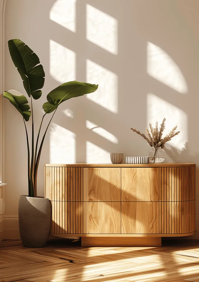 Light wooden sideboard with curved fronts and striped texture in sunlit modern room