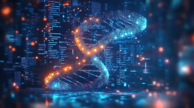 A glowing DNA double helix hologram hovers over a neon cyberpunk city with data trails and particles.