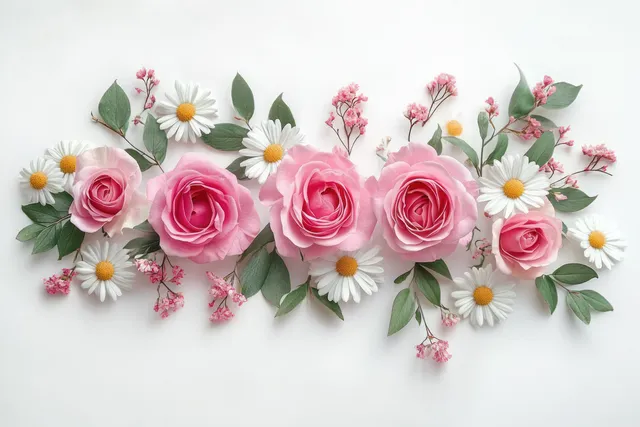 Pastel pink roses and white daisies arranged on a white background