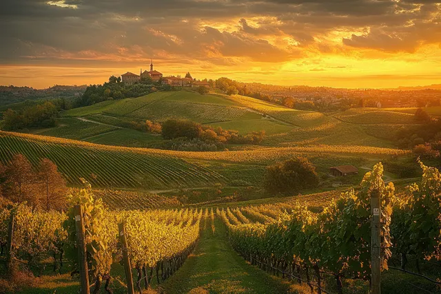 Sunset over Langhe vineyard hills with rows of vines and warm golden sky glow