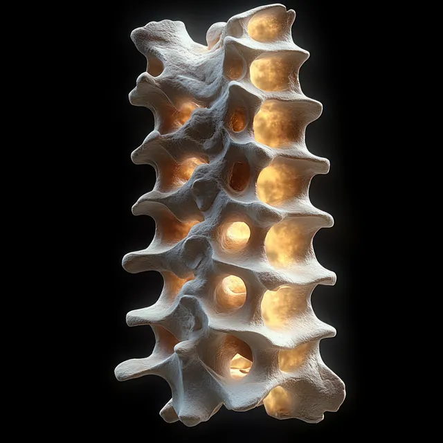 3D vertebral column model with illuminated spinal discs isolated on a dark background.