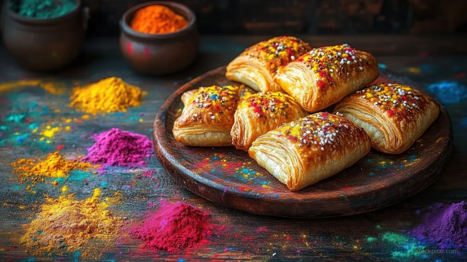 Golden flaky pastries with sugar crystals on a wooden plate surrounded by colorful powders on a rustic surface.