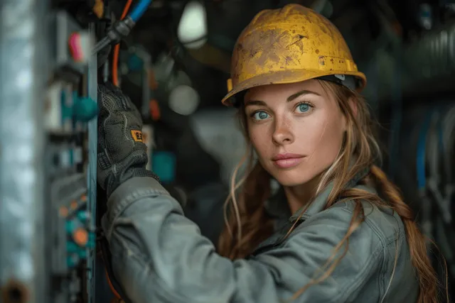 Woman in yellow hard hat operating machinery inside industrial control room
