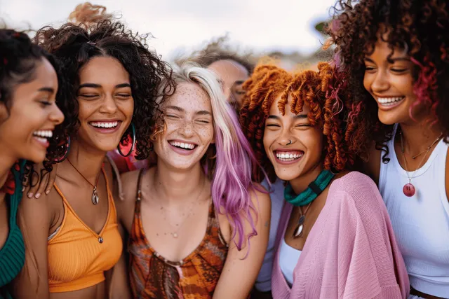 Several diverse young women hug and laugh outdoors on a city street with bright daylight.