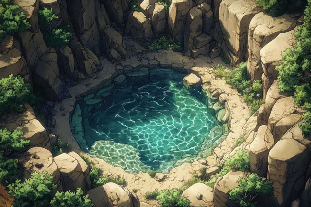 Top-down view of a desert oasis with turquoise pool, rocky cliffs, and small vegetation patches.