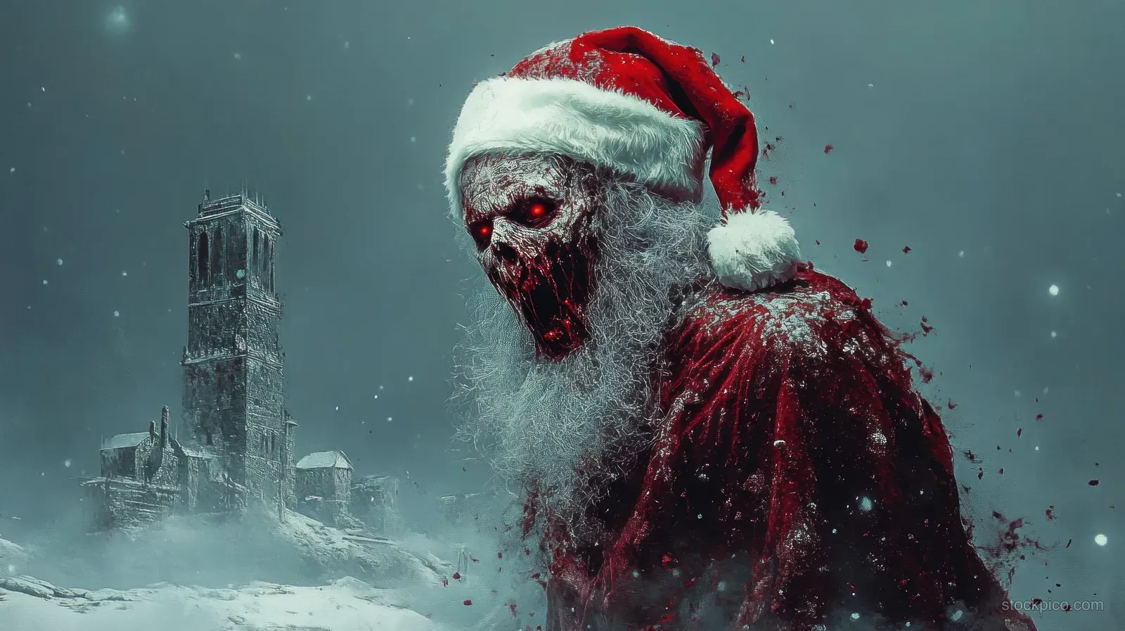 Eerie red-eyed figure in a Santa hat and red suit stands in a snowy fog before an ancient stone tower during snowfall.