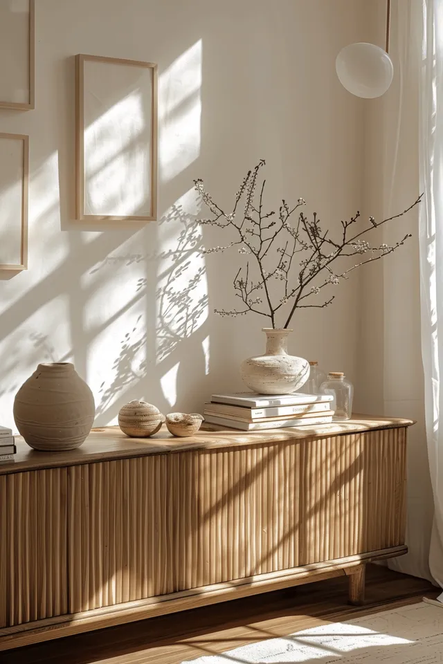 Sunlight casts window shadows on a wooden sideboard holding a clay vase, books, and small decor items.