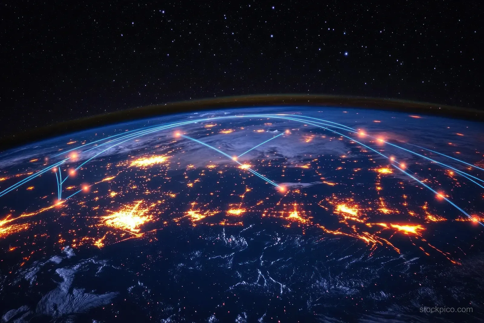 Nighttime Earth shows glowing city lights connected by luminous network nodes and data links.