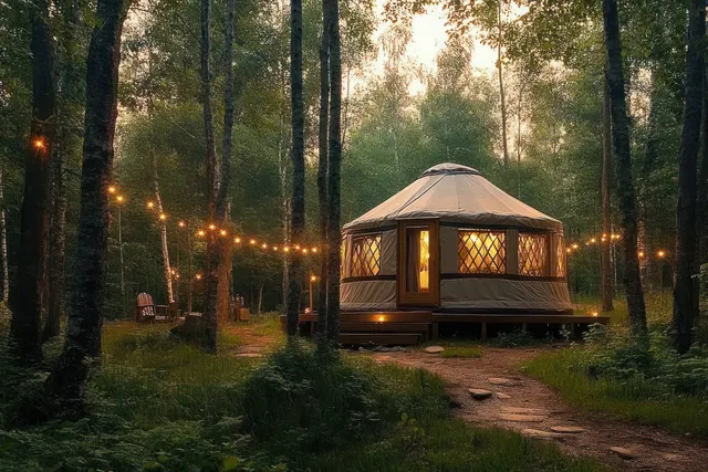 Warm string lights illuminate a round tent cabin in a forest at twilight with tall trees and a dirt path.