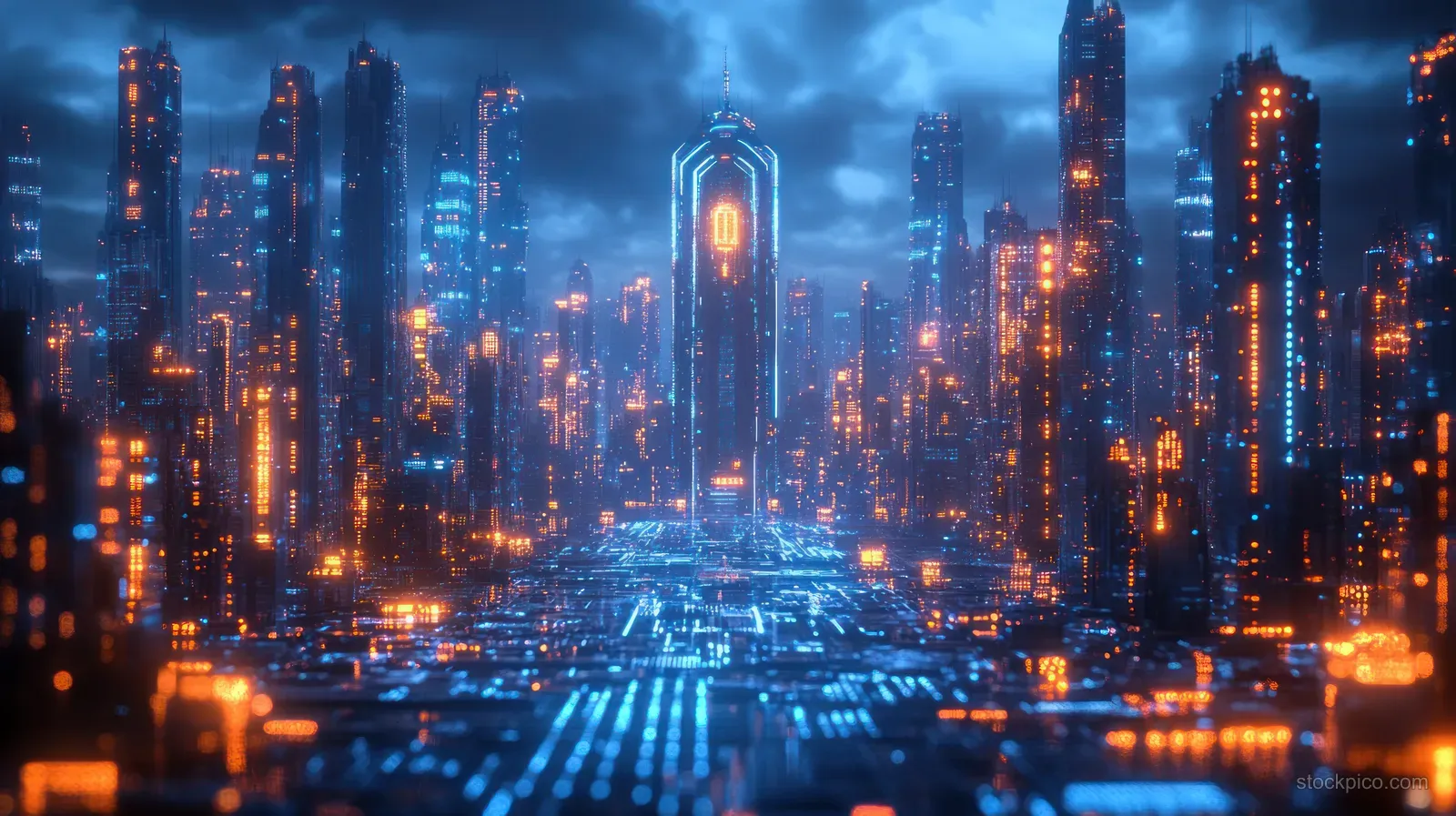 Blue neon coins float over a cyberpunk city street with glowing upward growth graph lines.