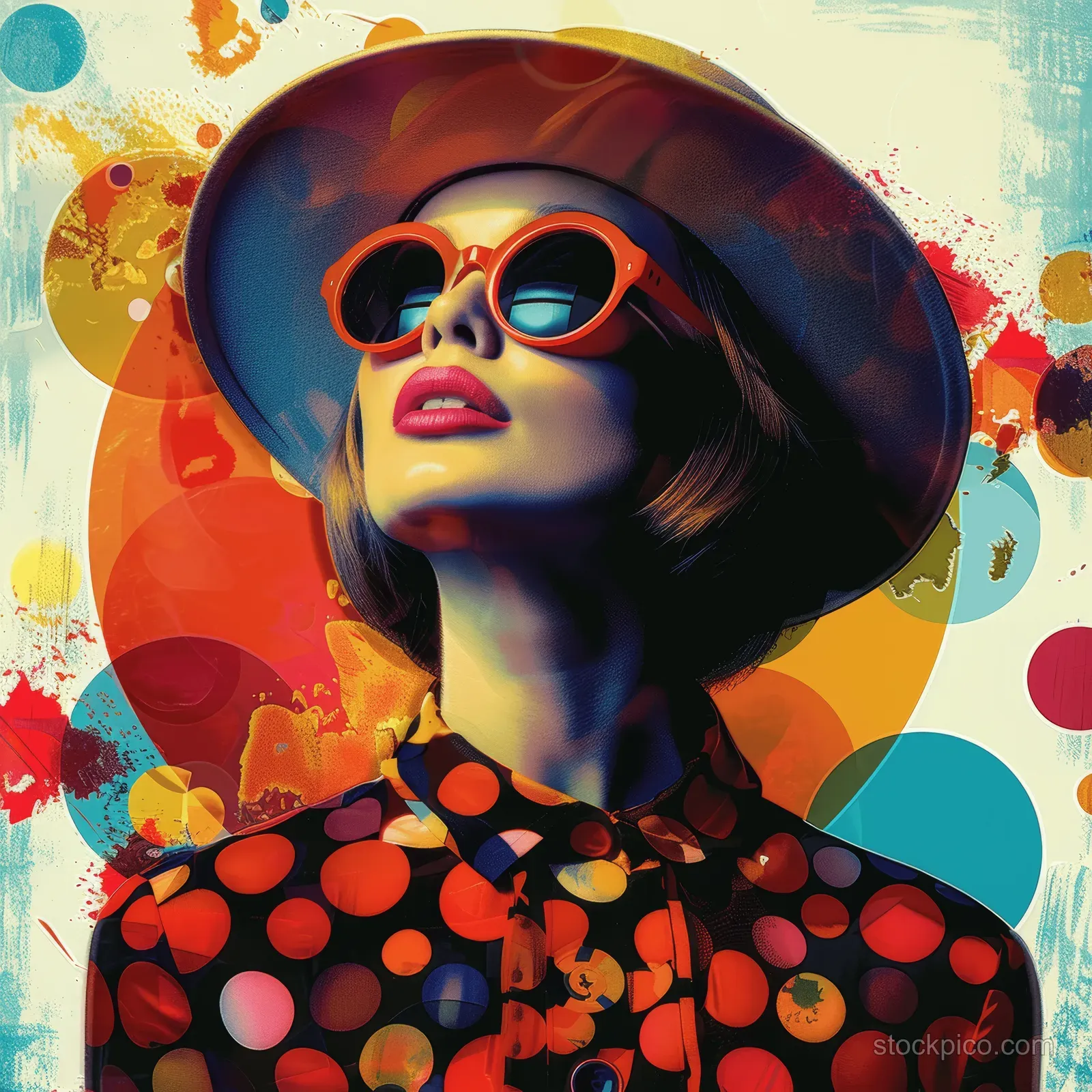 Retro woman wearing sunglasses and hat, surrounded by colorful circular collage and vintage pattern shapes.