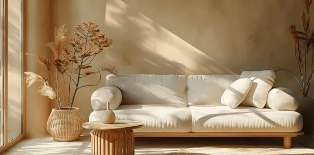 Sunlight illuminates a minimalist living room with a beige sofa, white pillows, and a wooden coffee table against a concrete wall.