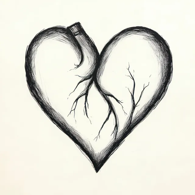 Black ink line art of an anatomical heart with branching vein lines shaped like a heart symbol on white.