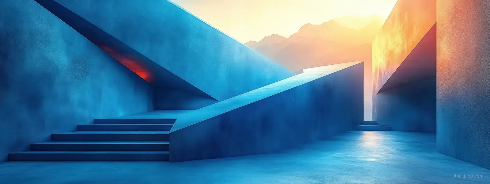 Blue geometric corridor with triangular wall beams and glowing light creating deep shadows.