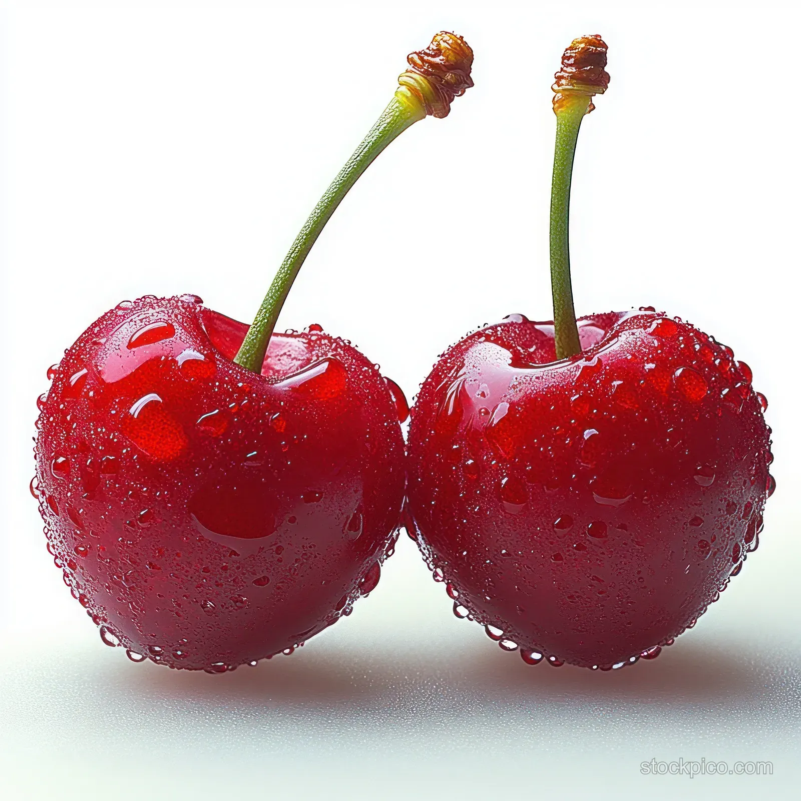 Two ripe red cherries with green stems covered in water droplets on a white background.