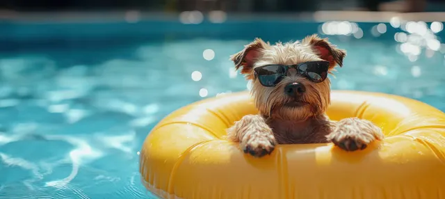 Small dog lounging on yellow pool float wearing sunglasses on a bright sunny day
