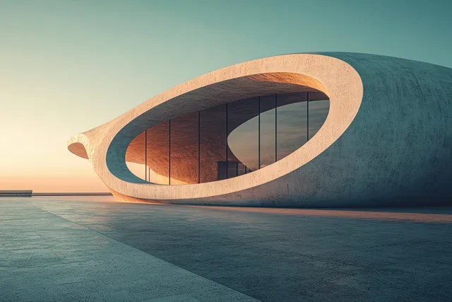 Circular concrete building sits under golden-hour light with curved openings and textured shadows on the ground.
