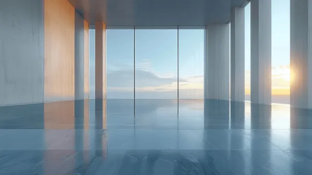 Futuristic building entrance with tall glass windows and a reflective concrete floor under sunset light.
