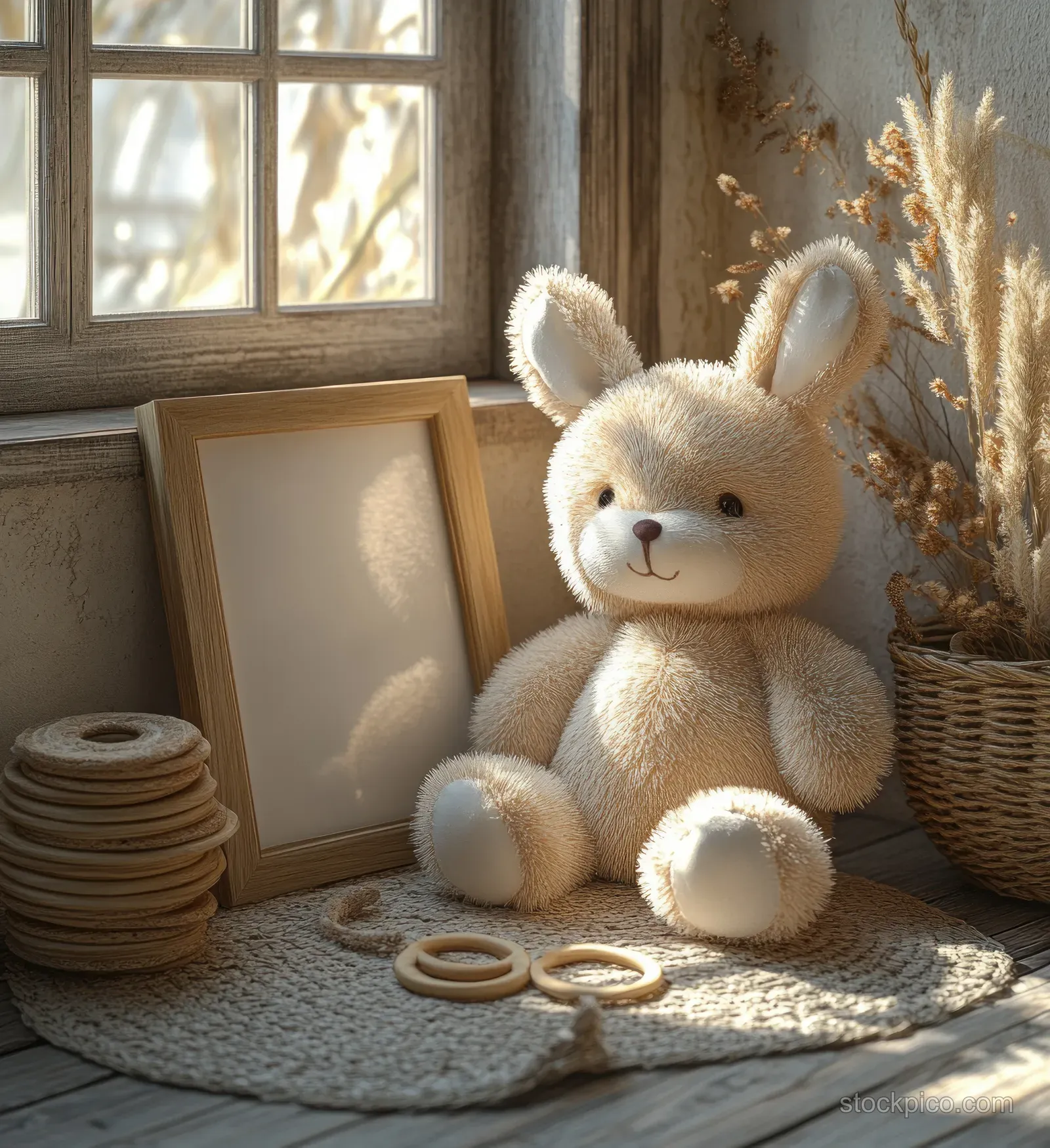 Soft plush bunny toy rests on a rug beside wooden stacking rings and a small wooden framed board in a bright room.