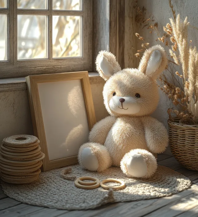 Soft plush bunny toy rests on a rug beside wooden stacking rings and a small wooden framed board in a bright room.