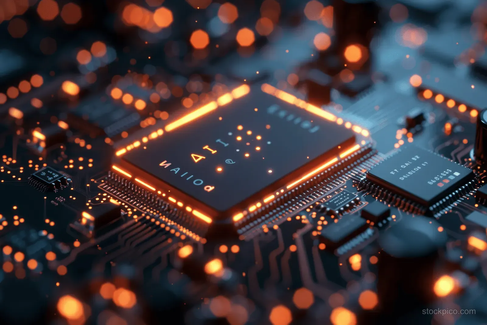 A glowing AI chip sits on a circuit board with orange lights in the background.