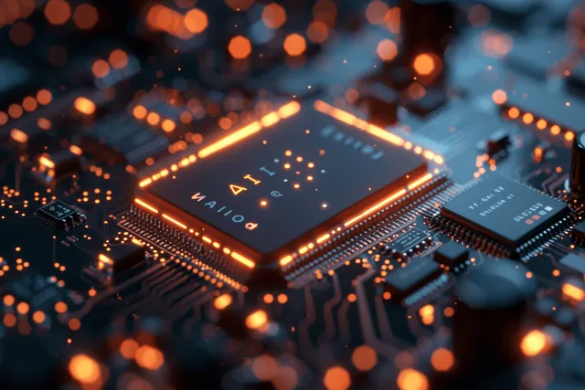 Glowing AI chip on circuit board with orange digital bokeh