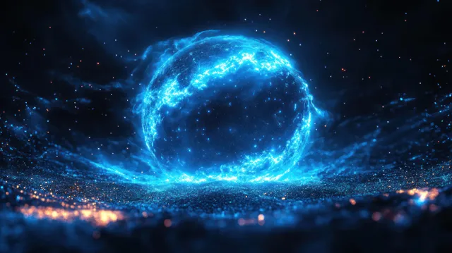 Bright blue glowing energy sphere surrounded by sparkling particles over a dark cosmic background.
