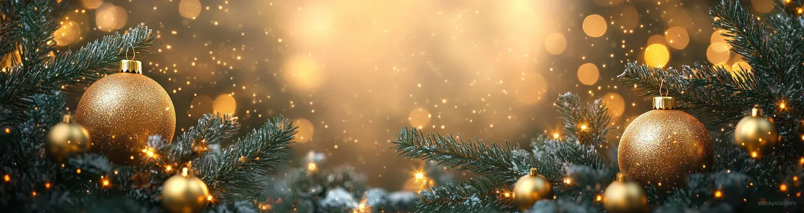 Golden Christmas tree ornaments hang above a softly glowing holiday light bokeh background with warm glittery atmosphere.