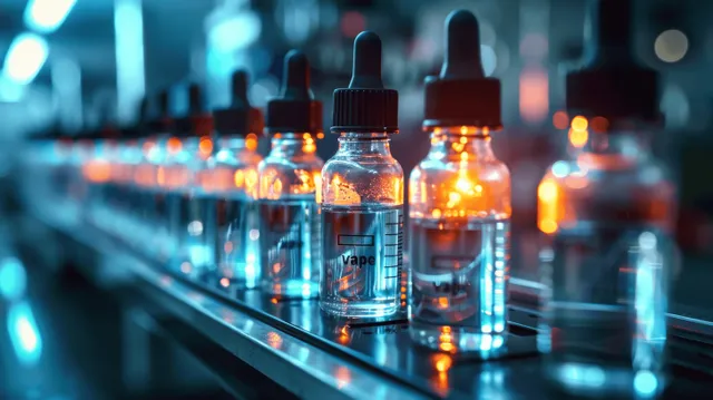 Laboratory vials glow on a conveyor belt inside an automated pharmaceutical filling line.