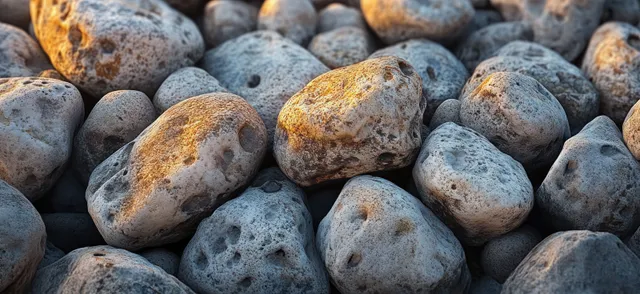 Close-up view of rounded, pitted stones illuminated by warm light with soft shadows.