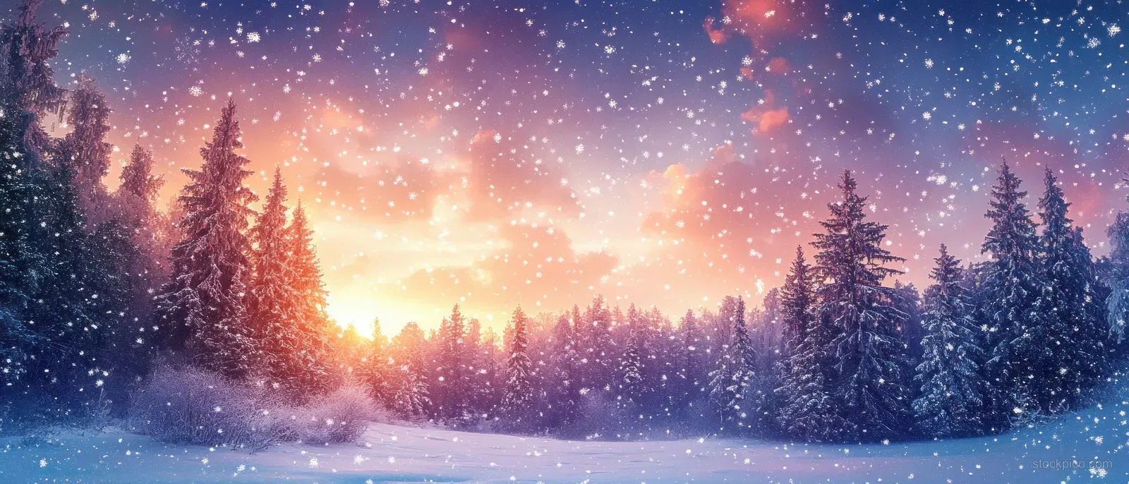 Snow-covered pine trees fill a winter landscape as sunrise glows behind drifting snowflakes.