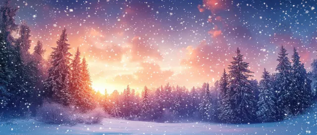 Snow-covered pine forest at sunrise with glowing sky and drifting snowflakes