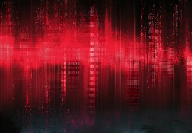 Vertical red light beams and dotted signal patterns glow on a dark cyber background