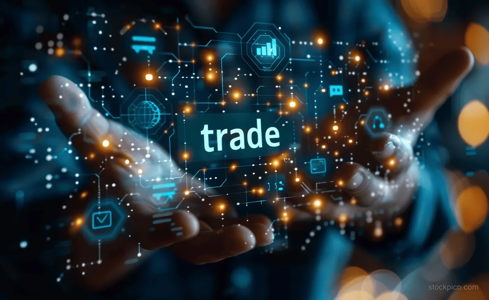 A hand reaches toward a glowing trade dashboard with connected chat bot and AI network icons floating around.
